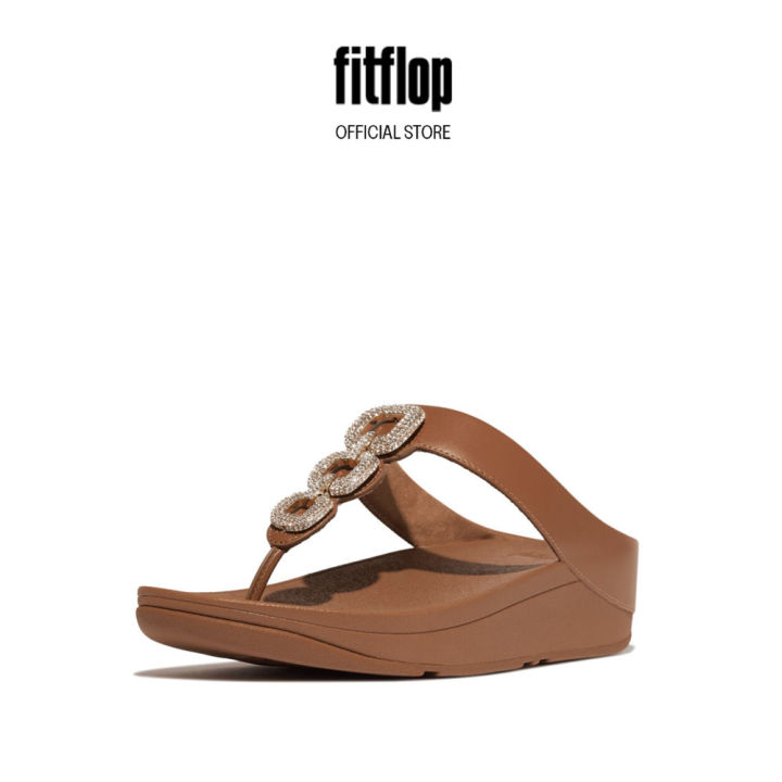 FitFlop FINO Crystal-Chain Leather Toe-Post Sandals Deep Tan