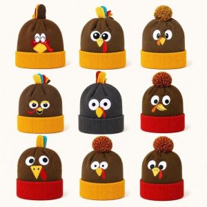 WININ Windproof Knit Beanies Pom Pom Ball Thickened Warm Pullover Hat Cute Warm Lining Turkey Hat Thanksgiving Party