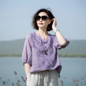 LUCKIN STORE Blouses for women Summer high-end cotton linen embroidered shirt Womens thin top shirt Small shirt Blouses