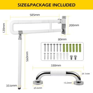 2Pcs/Set Toilet Grab Bar Bathroom Safety Handrail Folding Drop Down Foldable Wall Mounted Toilet Support Bathroom Aid Assist Rail for Disabled Elderly Pregnant Woman