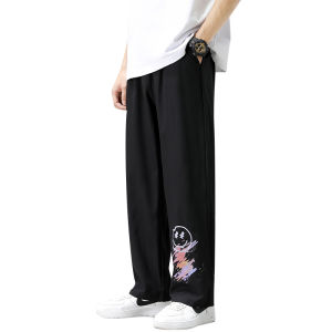 FUGUINIAO Mens Pants Ice Silk Loose Casual Sports Mens Black Trousers Free Shipping
