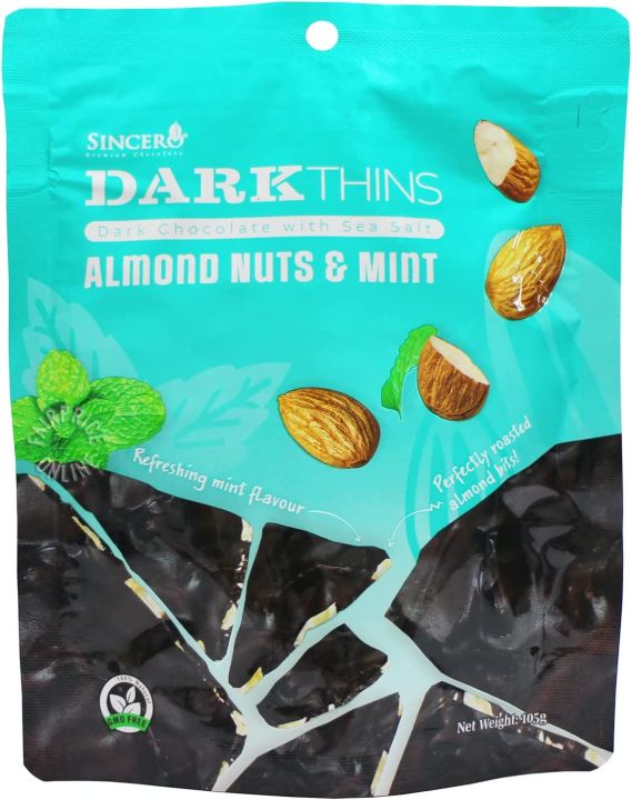 Sincero Dark Thins Dark Chocolate With Sea Salt Almond Nuts & Mint