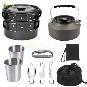 Outdoor Camping Cookware Set Marching Utensils Tableware Cooking Stove Kit Travel Pan Hiking Picnic Camping Tools Aluminum Cooking Set Camping Cookware Kit Camping Cooking Ware and Camping Accessories BBQ Tableware for 2-3 Person