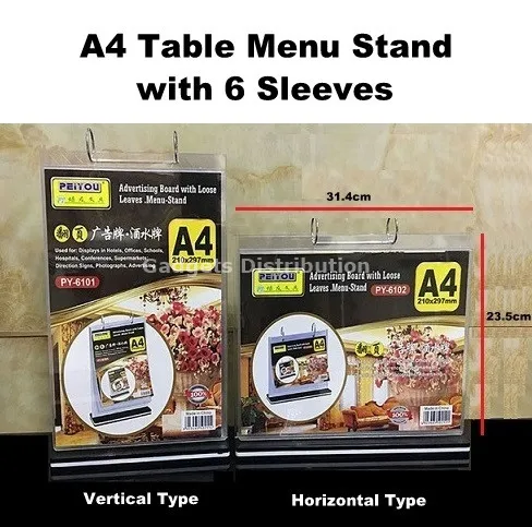 A4 Paper Table Menu Stand Cafe Restaurant with 6 Sleeves Horizontal Vertical Type 2360.1