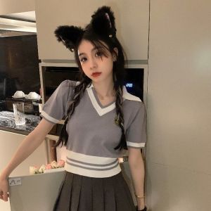 IELGY color-blocking short-sleeved sweater womens summer V-neck slim short top trendy