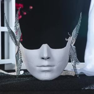 White Cyberpunk Half Face Mask with Wings Cosplay Costume Accessory for Men Women
