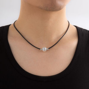 Black Rope Chain Single Pearl Choker Necklace for Men Simple Handmade Collar Necklace Pearl Pendant Neck Jewelry Accessories