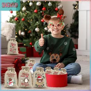 【SHGMYD】 ถุงผ้ากระสอบขนาดเล็ก6ชิ้นพร้อมเชือกรูดถุงใส่ของขวัญถุงกระสอบใส่ของขวัญวันคริสต์มาส