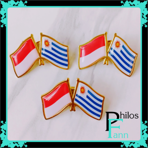 Pin & Bros Lencana Kuningan Cor Emas Bendera Indonesia dan Uruguay