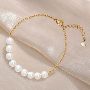 SWEET ELVES Steel Chain Pearl Bracelets Gold Color Elegant Charm Simple Thin Pulseras Fashion Daily Beads Bracelets Woman Girl