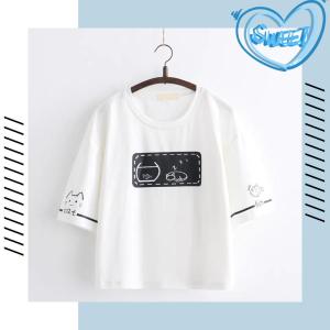 เสื้อยืดคอกลมสกรีนลายน้องเหมียวขี้เซา น่ารักเบาๆ แต่เอาเรื่องอยู่นะ ลุคสาวหวาน ผ้าฝ้ายแท้ คอกลม/คอวี ไซส์มินิ 25. เหมือนเด็ก