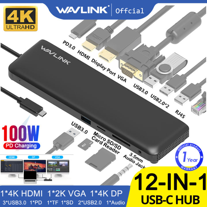 Wavlink USB-C Hub Docking Station – 12-in-1, Triple Display 4K HDMI & VGA, 89W PD, Ethernet, SD/TF