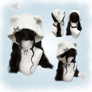 NOBLELUX Thickened Plush Knitted Hat Cartoon Cat Ear Windproof Pullover Hats Fashion Ear Protection Winter Hat For Woman Girls