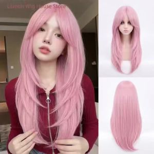 Pink Wig Lolita Long Straight Hair Natural Layered Wigs for Women Daily Cosplay Wig Halloween Heat Resistant Synthetic Hair Wig