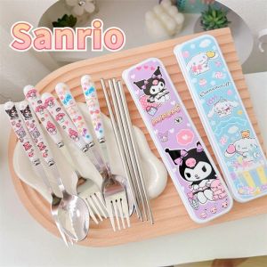 Kuromi Muỗng Nĩa 3 Bộ Dễ Thương Sanrio Hello Kitty My Melody Thép Không Gỉ Trẻ Em Bộ Đồ Ăn Nhà Bếp