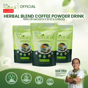 Dok Natural Herbal Blend Coffee 100g x 3 pcs – Natural Diuretic Coffee with Sambong Banaba Spirulina Moringa & Turmeric (10g x 10 Sachets)