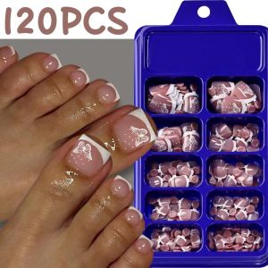 NOBLELYN 120Pcs/Box Butterfly Design Short Square False Nails Comfort Fit Nude Pink Full Cover Fake Toe Nails Glossy Smooth Surface French Tip Fake Toe Nails DIY Nail Art