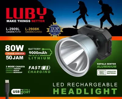 Senter Kepala Luby Jumbo L-2909L 80W Premium Cahaya Putih Baterai 9000Mah Tahan 50Jam