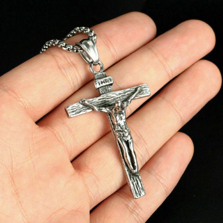 Mens Silver Stainless Steel Jesus Christ Crucifix Cross Pendant 