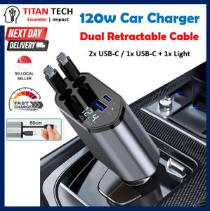 (SG LOWEST) 120W Dual Retractable 4in1 Portable Car Charger Super Fast USB-C Type-C Light Phone Cables 2 Ports Universal