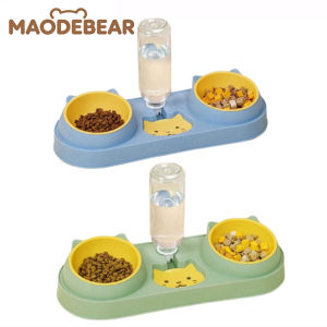 MAODEBEAR 3IN1 Pet Feeder 15 ° Tilt To Protect The Cats Neck Food and Water Dispenser Plastic Double Bowl