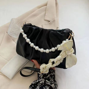 [Original 24 hours delivery] Fashion Shoulder Bag Womens Casual Underarm Bag Crossbody Bag Pearl Chain Pleated Dumpling Bag