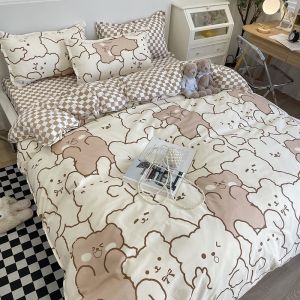 Sunnysunny 4 in 1 bedding set cute pattern sheets set with pillowcase fitted bedsheet quilt cover comforter cover single Queen King Size
