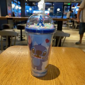 BAGUO(霸果) Cartoon Anime Pattern Stitch Water Cup Plastic Dome Lid Student Water Bottle Useful Double Layer Straw Drink Mug Couple