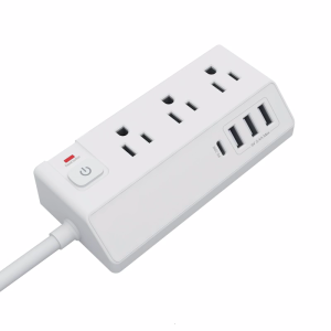 Portable Travel Essential Power Socket Flat Plug Extension Cord with 3 Outlets and 3xUSB Interfaces Including 1xUSB C