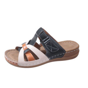 [Free Shipping] Color-Blocked Wedge Sandals WomenS New Summer Style Large Size Thick-Soled With Velcro Straps Beach Sandals Size 43