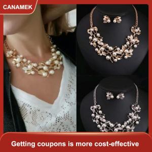 【CANAMEK】 Bộ trang sức cao cấp thanh lịch cho quý cô: Dây chuyền và khuyên tai hình lá cây đính ngọc trai pha lê