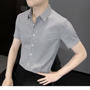 Plaid Polyester cotton Short sleeves Formal Shirts Fashion Business Slim fit Lapel Top
