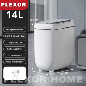 Plexor 14L Slim Intelligent Sensor Trash Can with Cover Plastic Bathroom Garbage Bin with Soft Close Lid Odor-Free Smart Gap-Sensing Trash Bins Waterproof Narrow Garbage Can Double Barrel Garbage Electric Motion Sensor Trash Bins