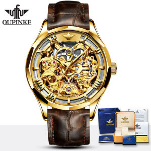 OUPINKE Top นาฬิกาข้อมือผู้ชายสำหรับหนังผู้ชาย Self-Winding กันน้ำ Skeleton 2021ใหม่แฟชั่นชุดสวมใส่แบบทางการนาฬิกา