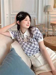 51030 เสื้อยืดแขนสั้นไหมพรคอปกน่ารักๆ เสื้อยืดคอปท็อปเกาหลีสีพาสเทล