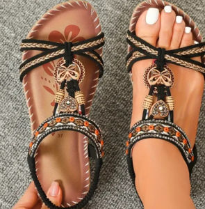 2025 Yasrun New Bohemian Flat Round Toe Sandals For Women Handmade Women Sandals Ethnic Style Flat Shoes Casual Slip-On Shoes