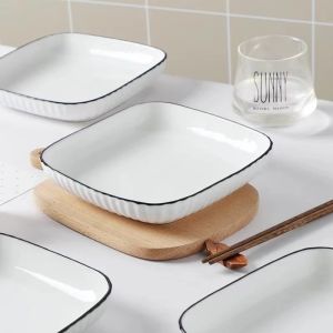 Bộ 2 Đĩa Sứ Vuông Sâu Lòng Vân Sọc Viền Đen - Đĩa Sứ Đựng Thức Ăn Decor Xinh Xắn