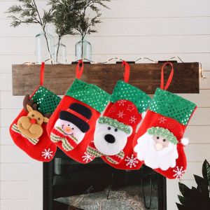 4pcs Festive Christmas Hanging Stocking / Santa Snowman Reindeer Pattern Gift Sack / Decorative Candy Storage Pouch for Xmas Tree Ornament and Holiday Party Favors