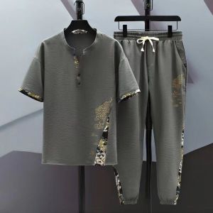 Ethnic Style Short-Sleeved Mens Suit New Style Summer R Leisure 9-Point Pants Two-Piece Suit㏇X0420