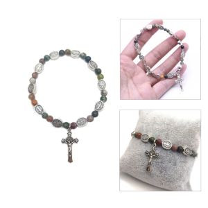 Cross-Charms Beaded Rosary Bracelet Catholic Strand Beads Wristband Adjustable Elastic Chain for Women Men