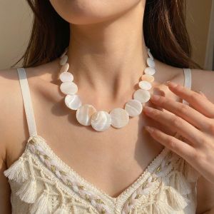 K9SEQ Bohemian Shell Necklace Round White Sweater Chains Elegant Adjustable Beaded Choker Women