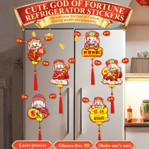 Cute God of Wealth Fridge Magnet 3D New Year Hanging Pendent with Tassels Traditional Festive Cartoon Refrigerator Sticker