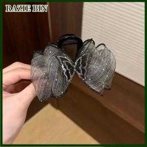RAZIE BIN กิ๊บติดผมตาข่ายรูปผีเสื้อพลอยเทียมสไตล์เกาหลีมีกิ๊บติดผมผ้าตาข่ายมีลายจุดมีโบว์สำหรับใส่ไปงานปาร์ตี้