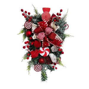 WARM Red White Candy Christmas Wreath Lollipop Bow Pine Teardrop Shape Door Hanger Door Swag Quick installation Christmas Door Hanging Decoration Front Door