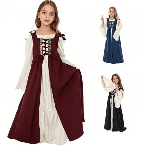Kids Girls Medieval Princess Costume Vintage Renaissance Flare Sleeve Royalty Princess Dress Gown for Halloween Carnival Party