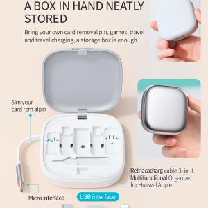 Multifunctional Retractable USB Data Cable 60W Fast Charge 3 in 1 Connector with Built in Storage Box
