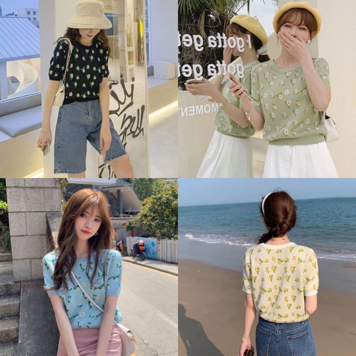 Zero shop🐰พร้อมส่ง🐰 (Zero-51020) เสื้อไหมพรมแขนสั้น สไตล์เกาหลี ลาย ...