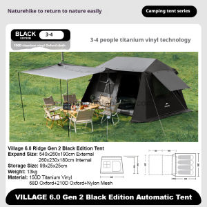 Naturehike VILLAGE Series 6.0 Gen 2 Fast Build Automatic Cabin Style Tent 6m² Space for 4 Person Waterproof Quick Open Glamping Camping Large Canopy Area New Ti Black Sunscreen Coating Nature Hike 6 Ridge Roof Village6