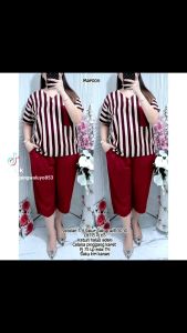 Setelan Celana Salur Saku Polos: One Set Wanita
