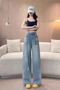 Fashion Ripped High Waist Wide Leg Jeans Womens New Straight Wide Leg Ripped High Waist Wide Leg Jeans